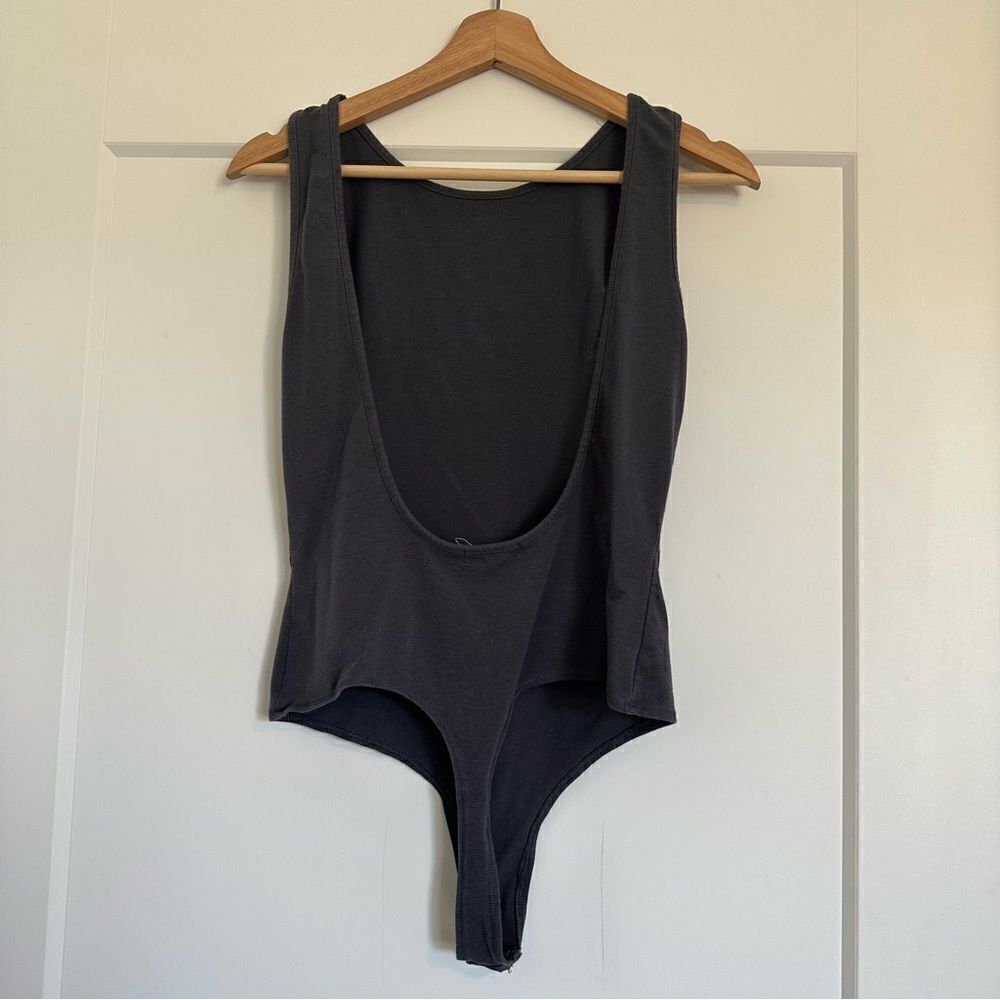 Mind Code Charcoal Gray Tank Top Bodysuit With Low Deep Exposed Thong Back